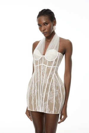 Aurohaya Thembeka White Halterneck Lace Mini Dress