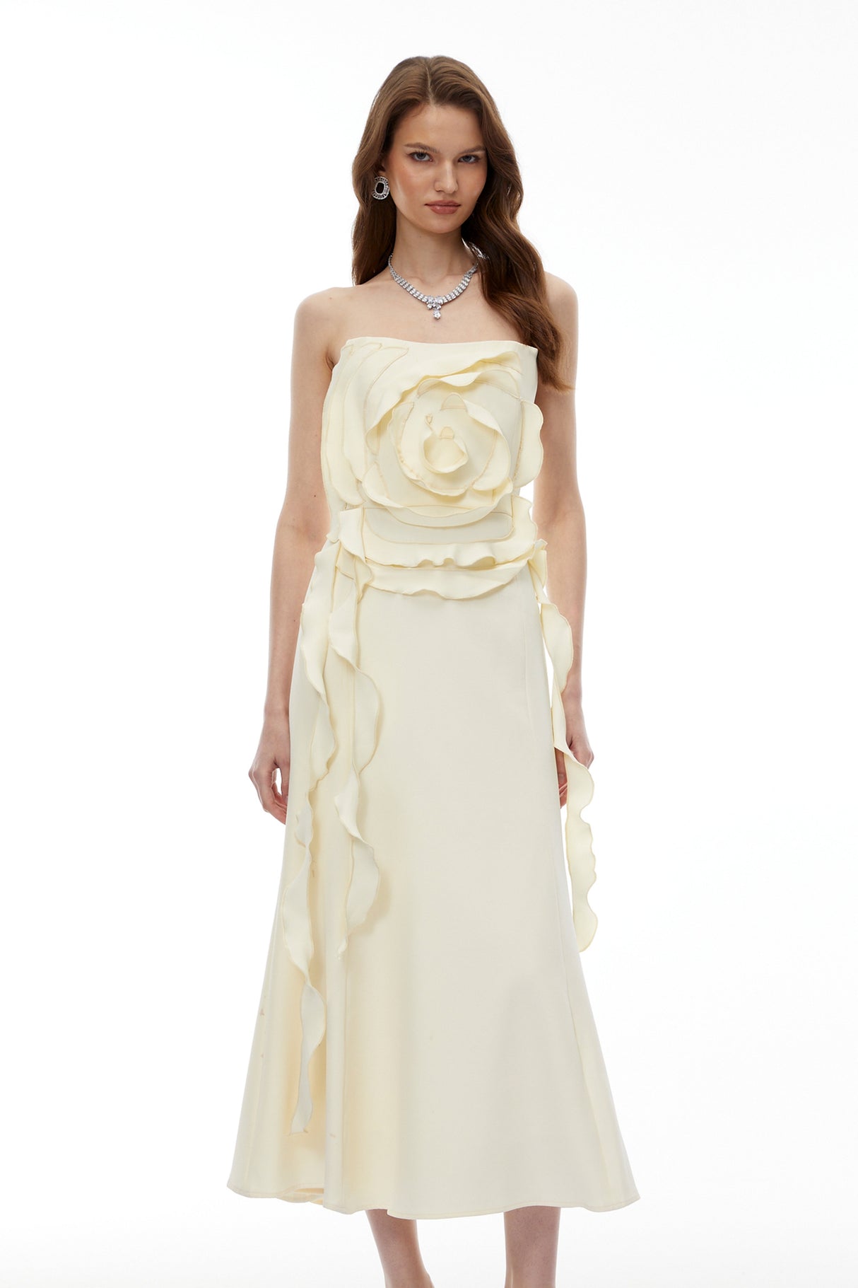 Aurohaya Theodosia Cream White Off Shoulder Maxi Dress with 3D Petals