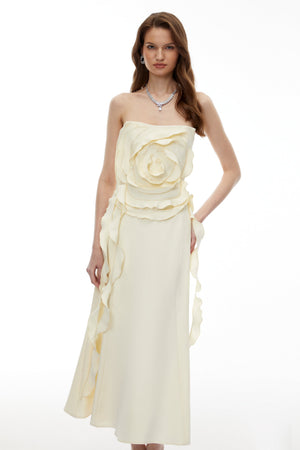 Aurohaya Theodosia Cream White Off Shoulder Maxi Dress with 3D Petals