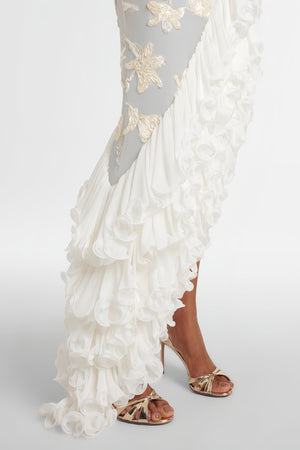 Aurohaya Théoline Neutral Asymmetrical Ruffled Floral Midi Dress