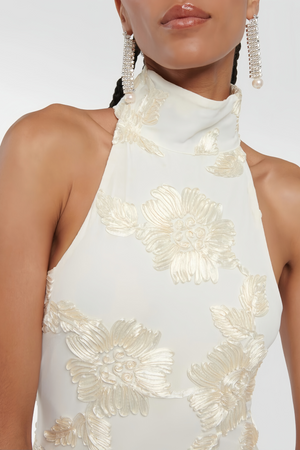 Aurohaya Théoline Neutral Asymmetrical Ruffled Floral Midi Dress