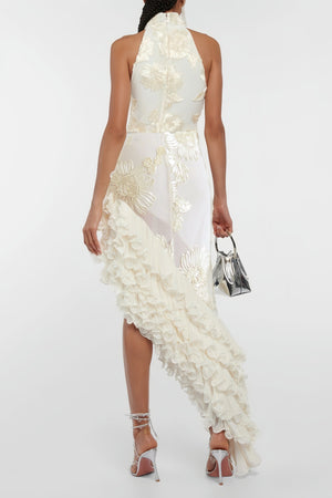 Aurohaya Théoline Neutral Asymmetrical Ruffled Floral Midi Dress