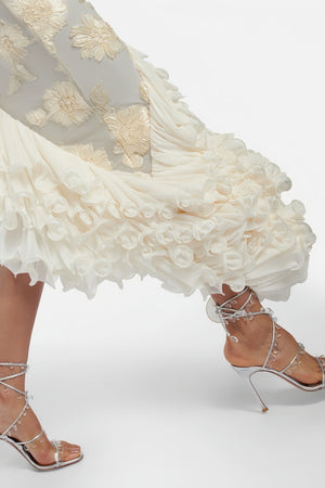 Aurohaya Théoline Neutral Asymmetrical Ruffled Floral Midi Dress