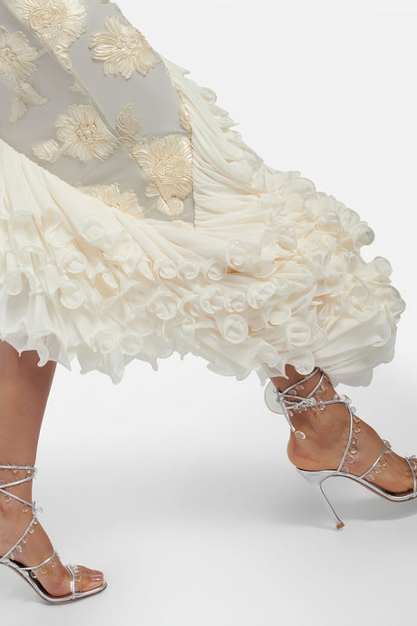Aurohaya Théoline Neutral Asymmetrical Ruffled Floral Midi Dress