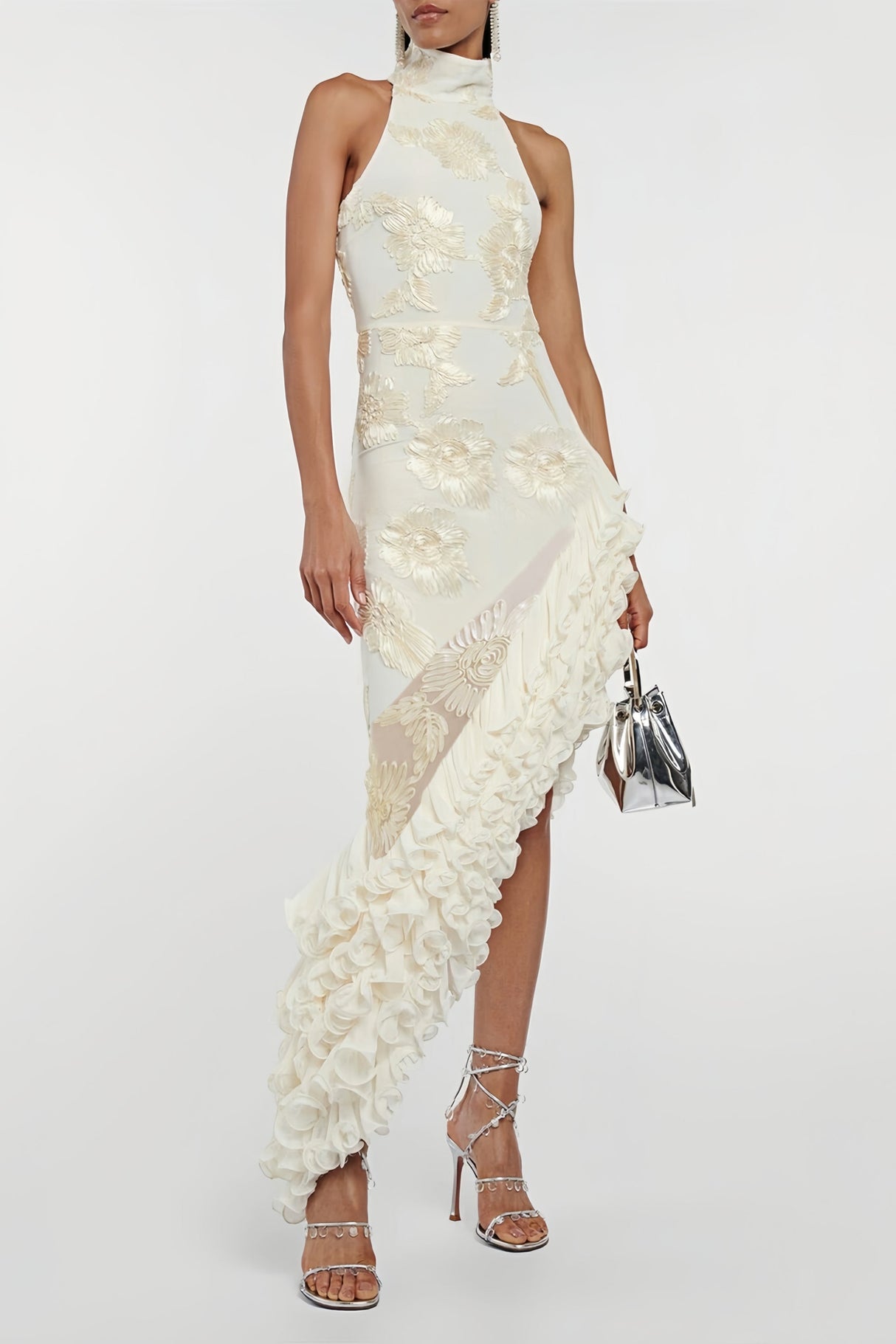 Aurohaya Théoline Neutral Asymmetrical Ruffled Floral Midi Dress