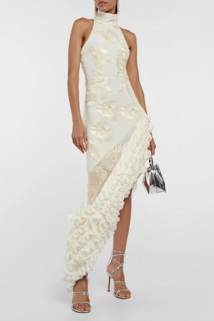 Aurohaya Théoline Neutral Asymmetrical Ruffled Floral Midi Dress