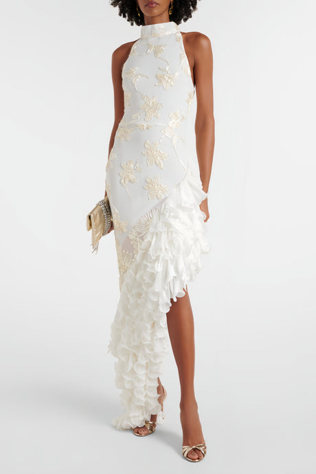 Aurohaya Théoline Neutral Asymmetrical Ruffled Floral Midi Dress