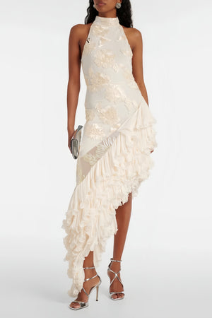 Aurohaya Théoline Neutral Asymmetrical Ruffled Floral Midi Dress