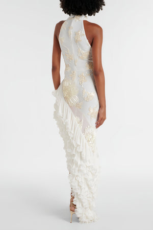 Aurohaya Théoline Neutral Asymmetrical Ruffled Floral Midi Dress