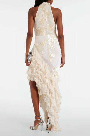Aurohaya Théoline Neutral Asymmetrical Ruffled Floral Midi Dress
