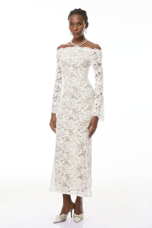 Aurohaya Theresa White Semi-Sheer Floral Lace Maxi Dress