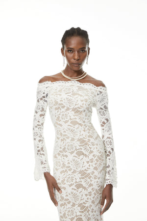 Aurohaya Theresa White Semi-Sheer Floral Lace Maxi Dress