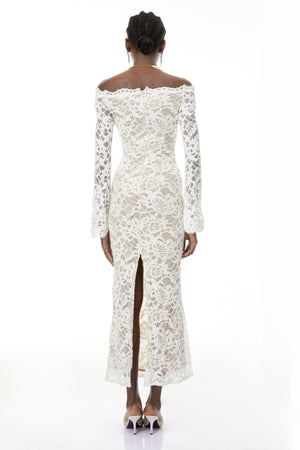 Aurohaya Theresa White Semi-Sheer Floral Lace Maxi Dress