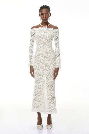 Aurohaya Theresa White Semi-Sheer Floral Lace Maxi Dress