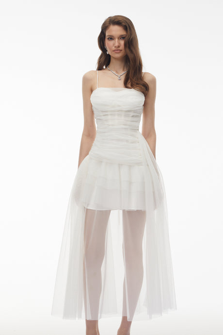 Aurohaya Thisbe White Asymmetrical Mesh Maxi Dress
