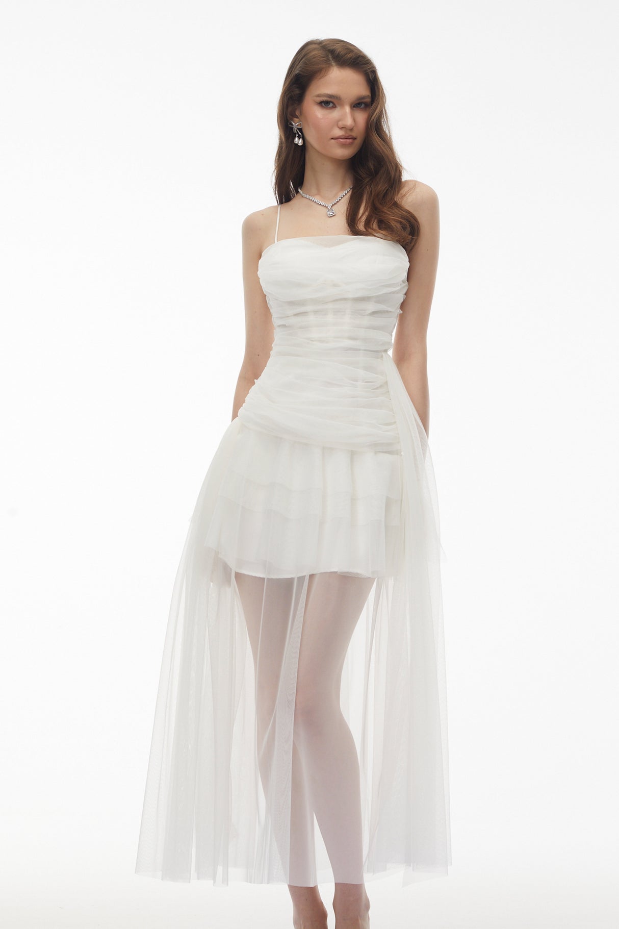 Aurohaya Thisbe White Asymmetrical Mesh Maxi Dress