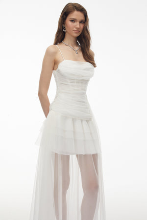 Aurohaya Thisbe White Asymmetrical Mesh Maxi Dress