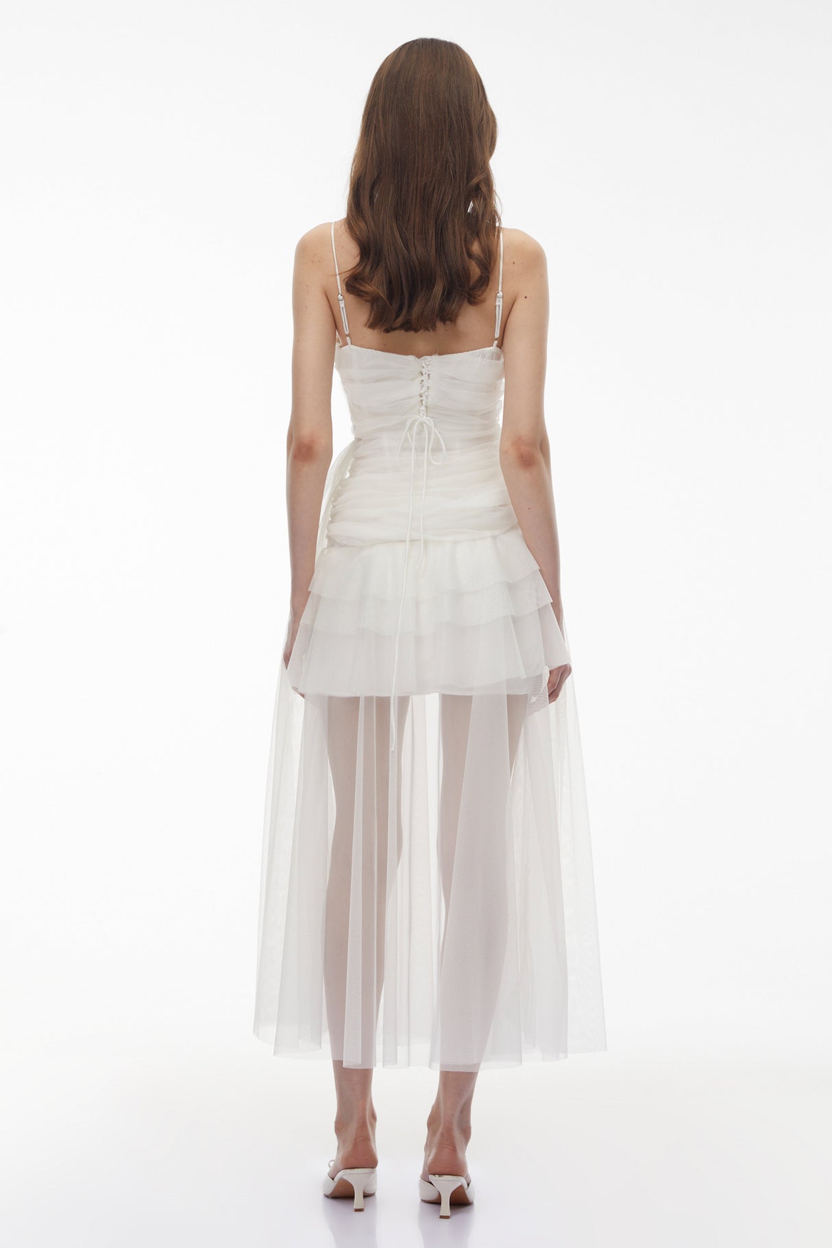 Aurohaya Thisbe White Asymmetrical Mesh Maxi Dress