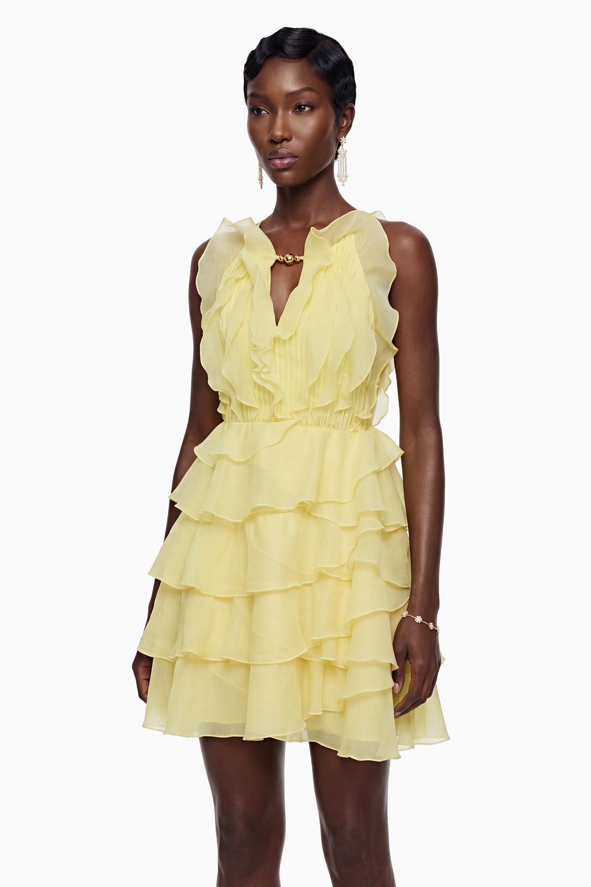 Aurohaya Thulisile Pale Yellow Halterneck Ruffled Mini Dress