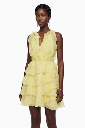 Aurohaya Thulisile Pale Yellow Halterneck Ruffled Mini Dress