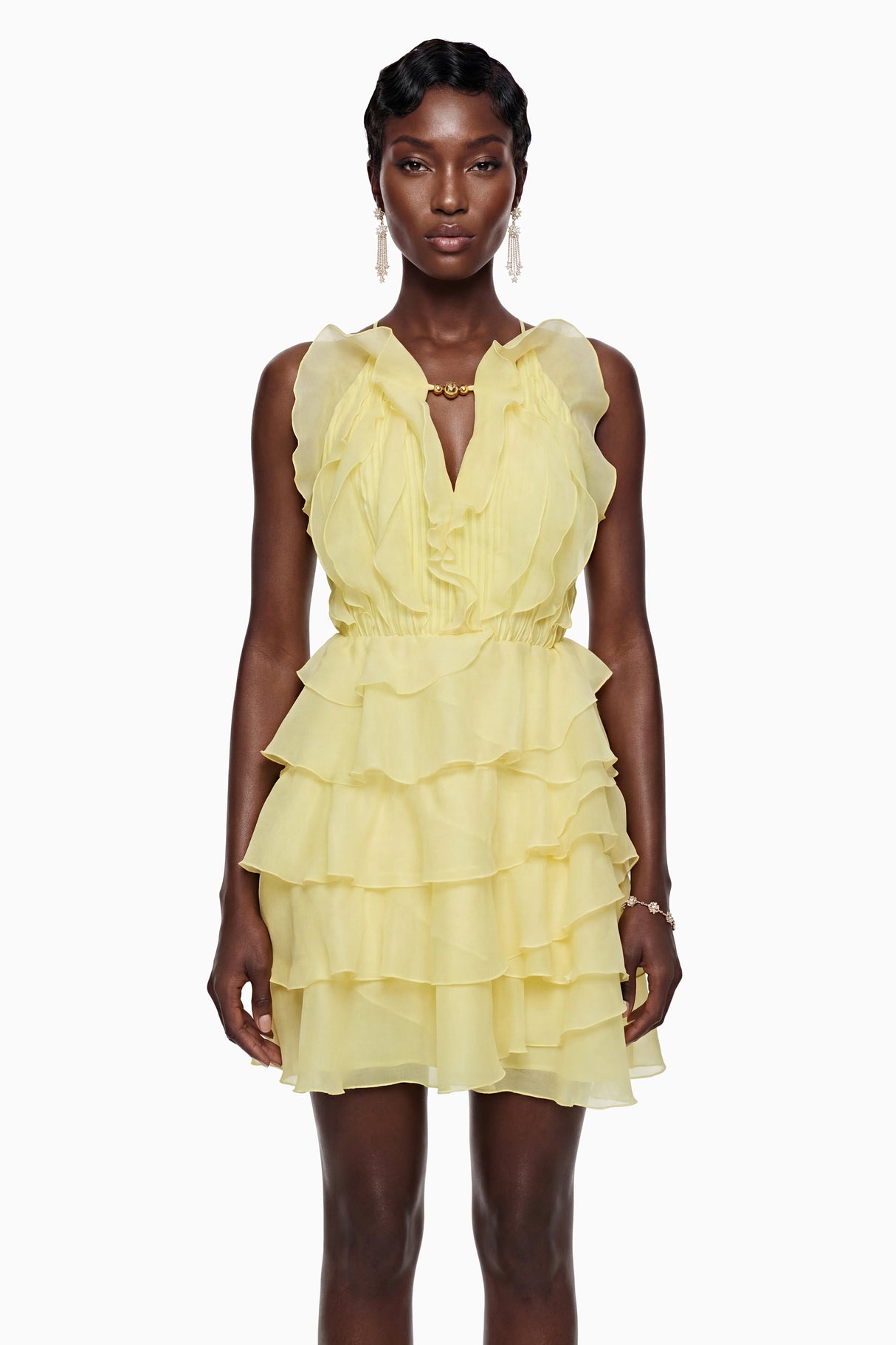 Aurohaya Thulisile Pale Yellow Halterneck Ruffled Mini Dress