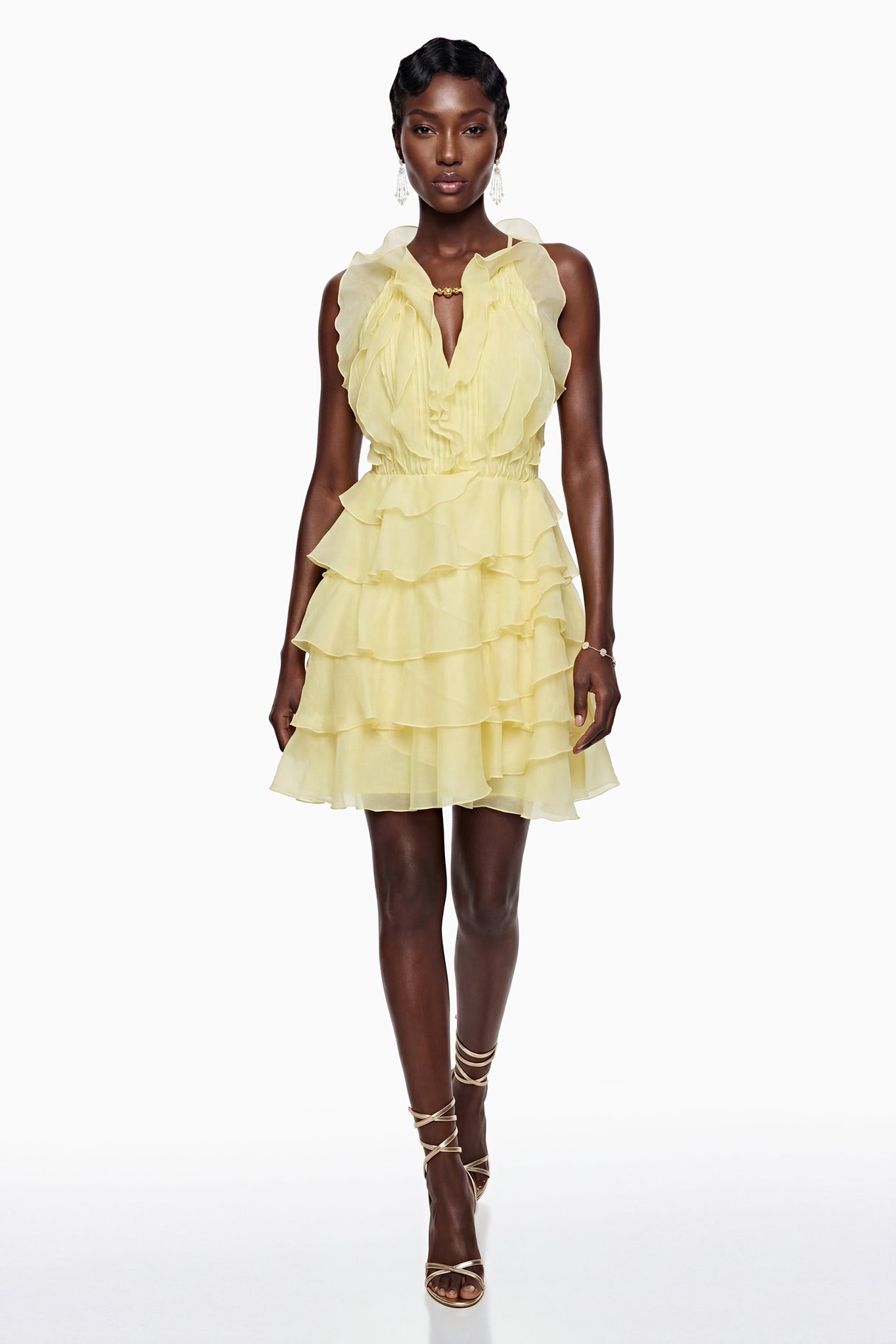 Aurohaya Thulisile Pale Yellow Halterneck Ruffled Mini Dress