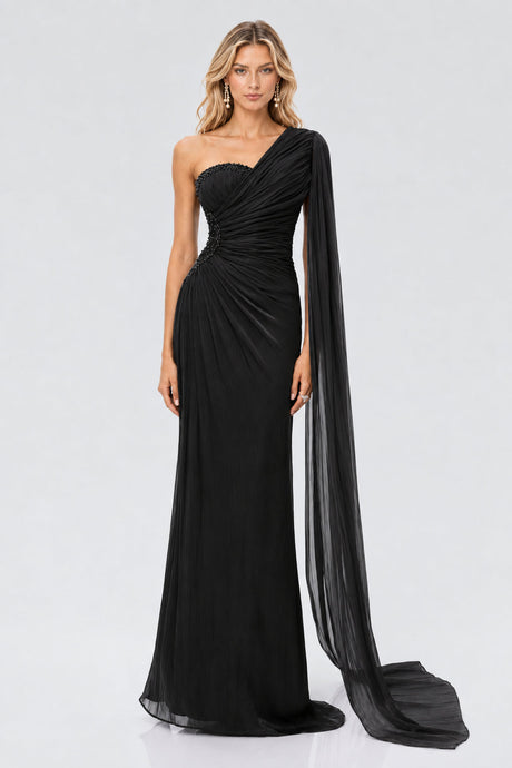 Tiphaine One Shoulder Ruched Maxi Dress - Black_-_selmori.com_-_01