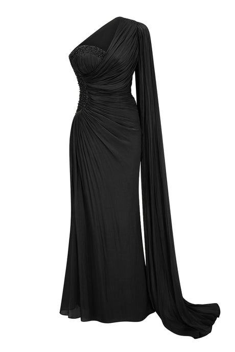 Tiphaine One Shoulder Ruched Maxi Dress - Black_-_selmori.com_-_03