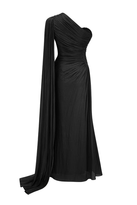 Tiphaine One Shoulder Ruched Maxi Dress - Black_-_selmori.com_-_04