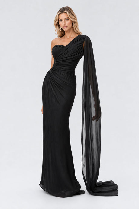 Tiphaine One Shoulder Ruched Maxi Dress - Black_-_selmori.com_-_06