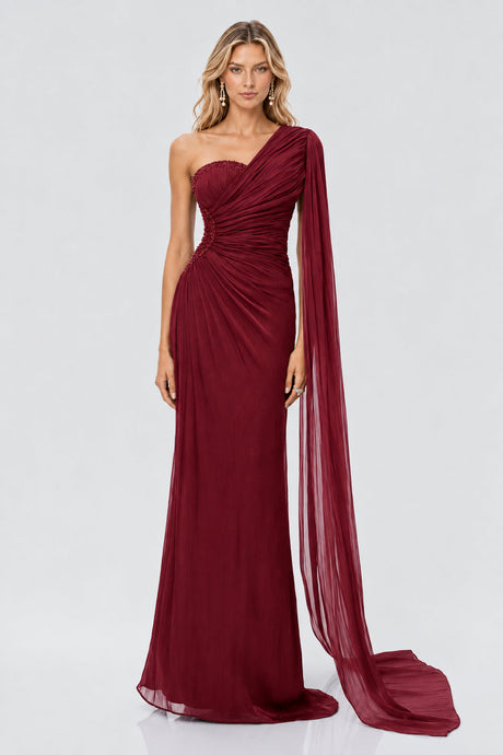 Tiphaine One Shoulder Ruched Maxi Dress - Red_-_selmori.com_-_01