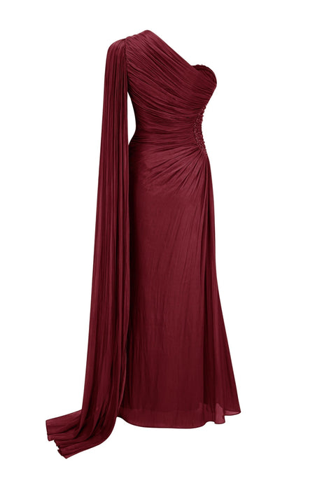 Tiphaine One Shoulder Ruched Maxi Dress - Red_-_selmori.com_-_04