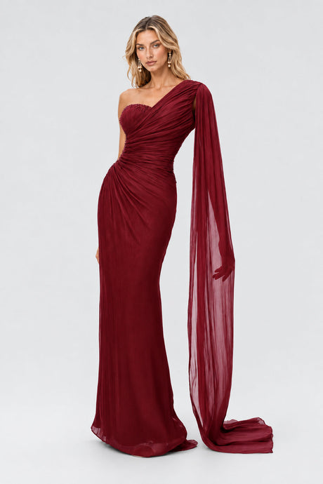 Tiphaine One Shoulder Ruched Maxi Dress - Red_-_selmori.com_-_05
