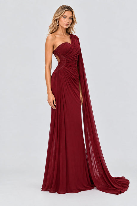 Tiphaine One Shoulder Ruched Maxi Dress - Red_-_selmori.com_-_06