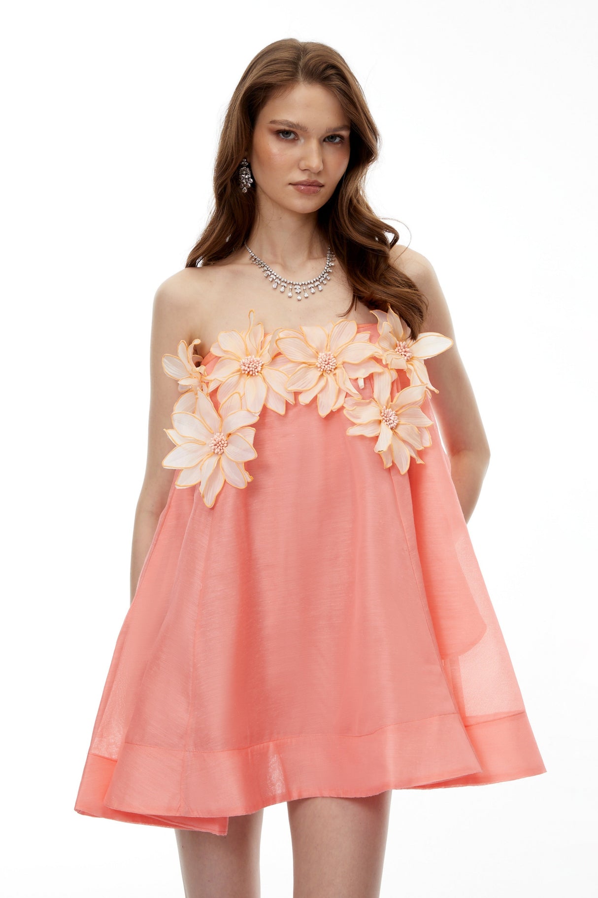 Aurohaya Tisiphone Pink Off Shoulder Mini Dress with 3D Florals