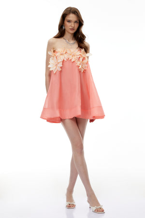 Aurohaya Tisiphone Pink Off Shoulder Mini Dress with 3D Florals