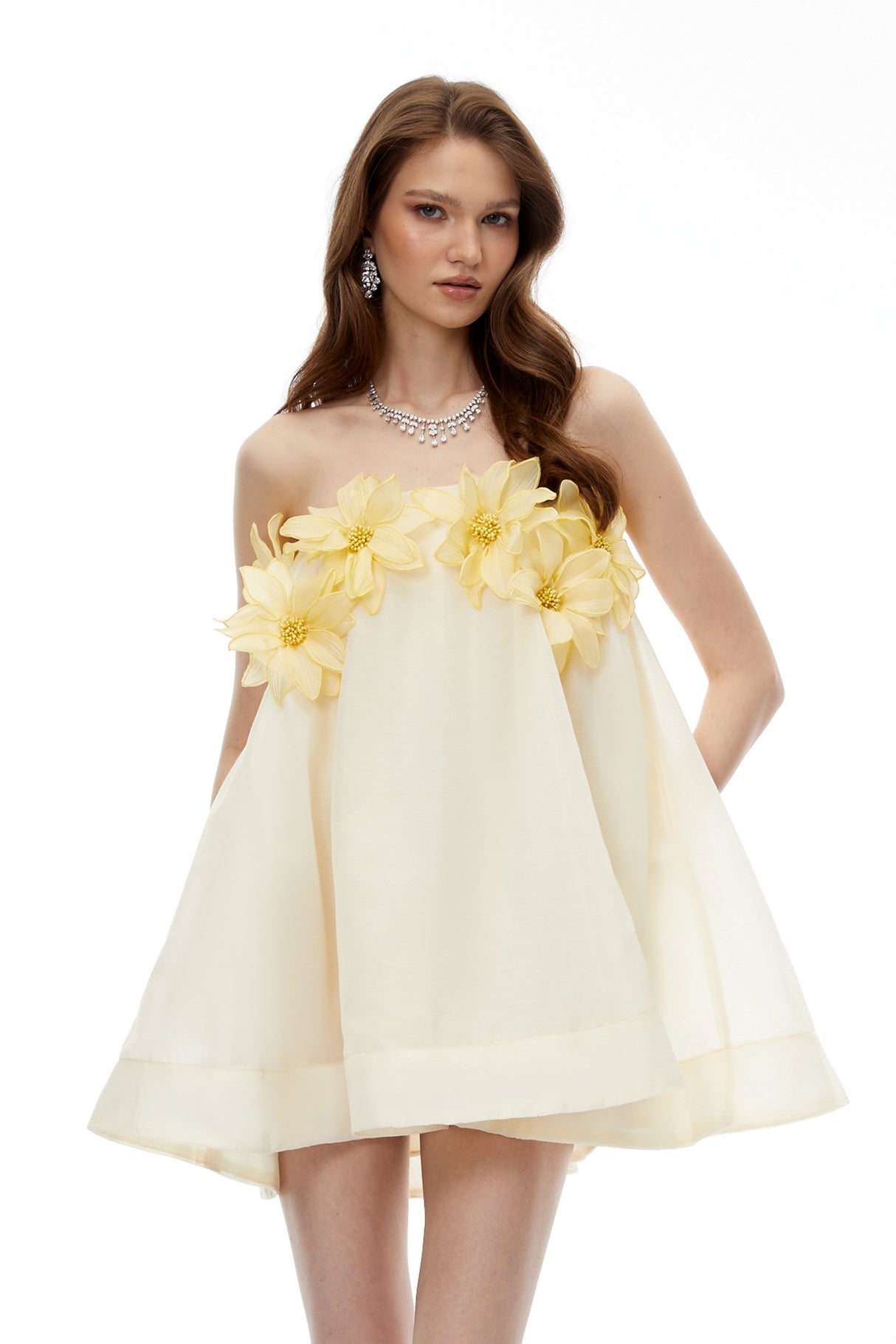 Aurohaya Tisiphone Yellow Off Shoulder Mini Dress with 3D Florals