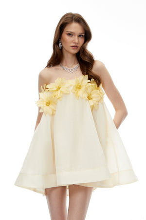 Aurohaya Tisiphone Yellow Off Shoulder Mini Dress with 3D Florals
