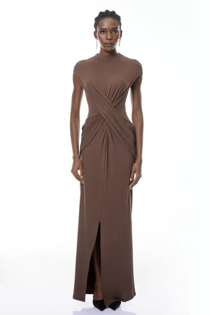 Aurohaya Tone Chocolate Brown Cross-Over Maxi Dress