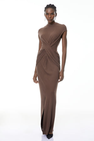 Aurohaya Tone Chocolate Brown Cross-Over Maxi Dress