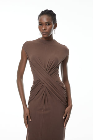 Aurohaya Tone Chocolate Brown Cross-Over Maxi Dress