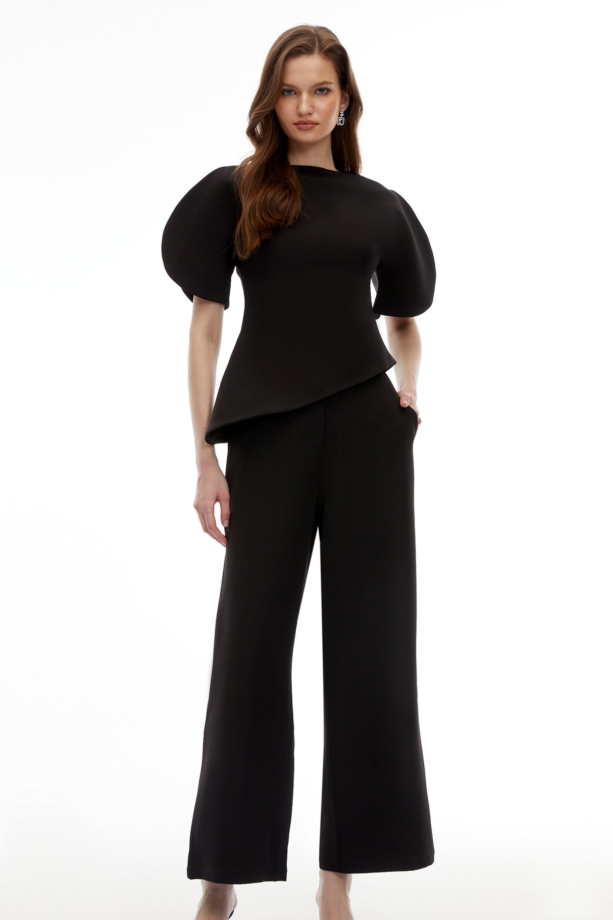 Aurohaya Uliana Black Puff Sleeve Top & Trousers Set