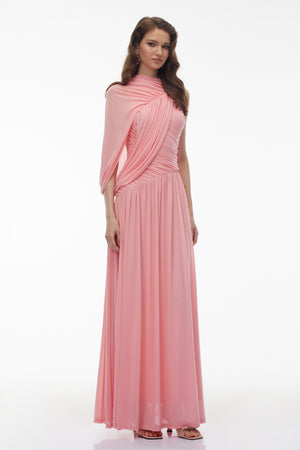 Aurohaya Uliana Pink One Shoulder Ruched Maxi Dress
