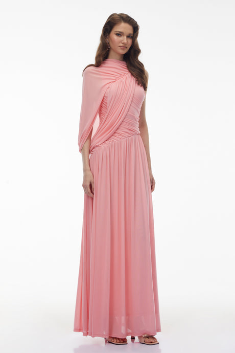 Aurohaya Uliana Pink One Shoulder Ruched Maxi Dress