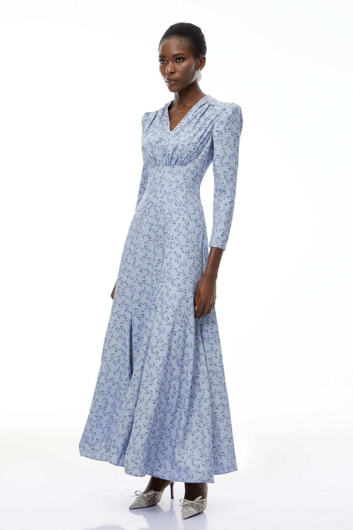 Aurohaya Ursula Blue Floral Print Ruffled Maxi Dress