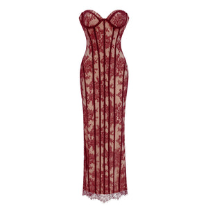 Aurohaya Urszula Red Floral Lace Corset Maxi Dress