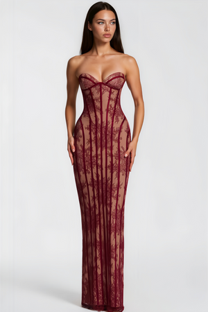 Aurohaya Urszula Red Floral Lace Corset Maxi Dress