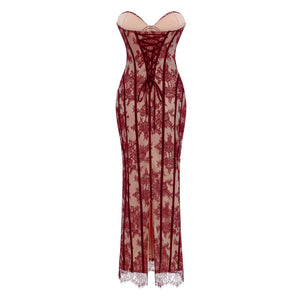 Aurohaya Urszula Red Floral Lace Corset Maxi Dress