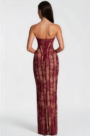 Aurohaya Urszula Red Floral Lace Corset Maxi Dress