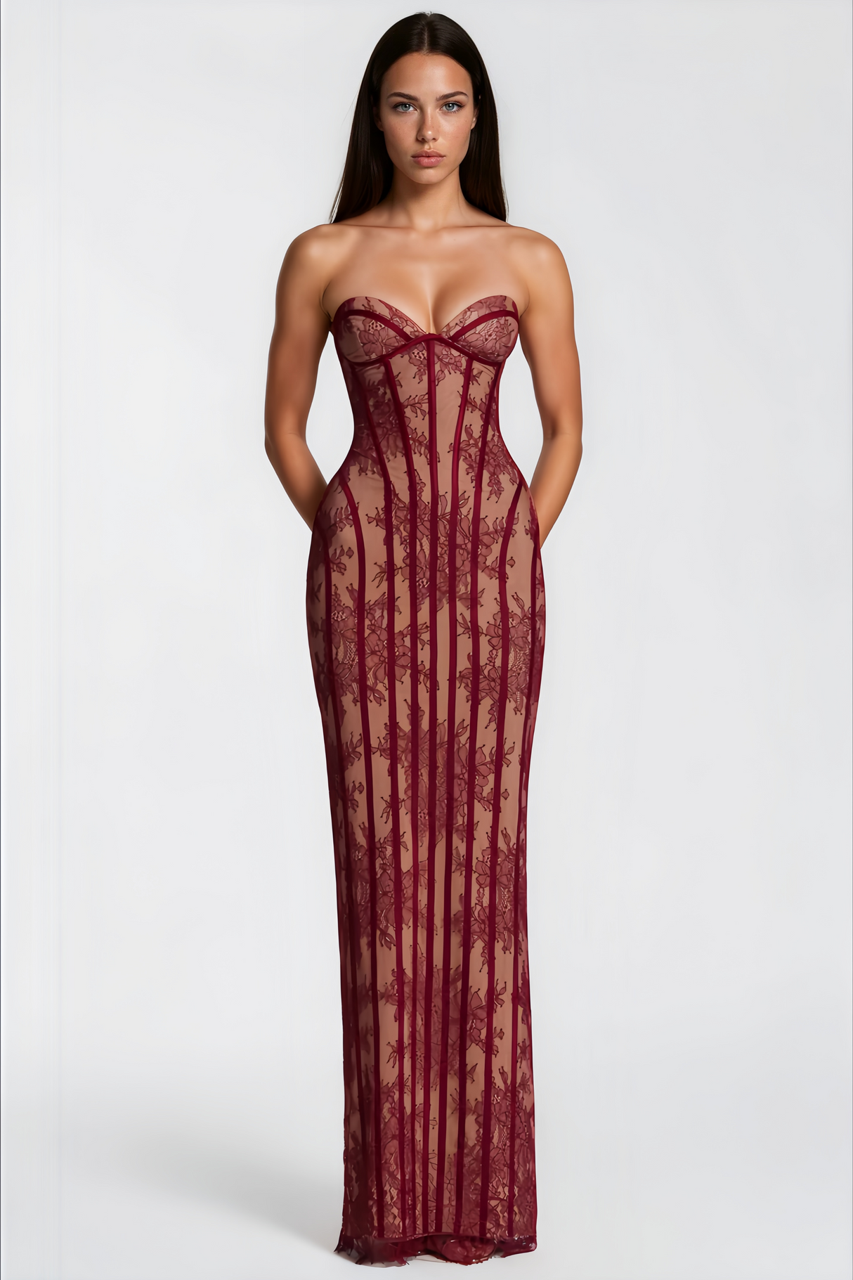 Aurohaya Urszula Red Floral Lace Corset Maxi Dress